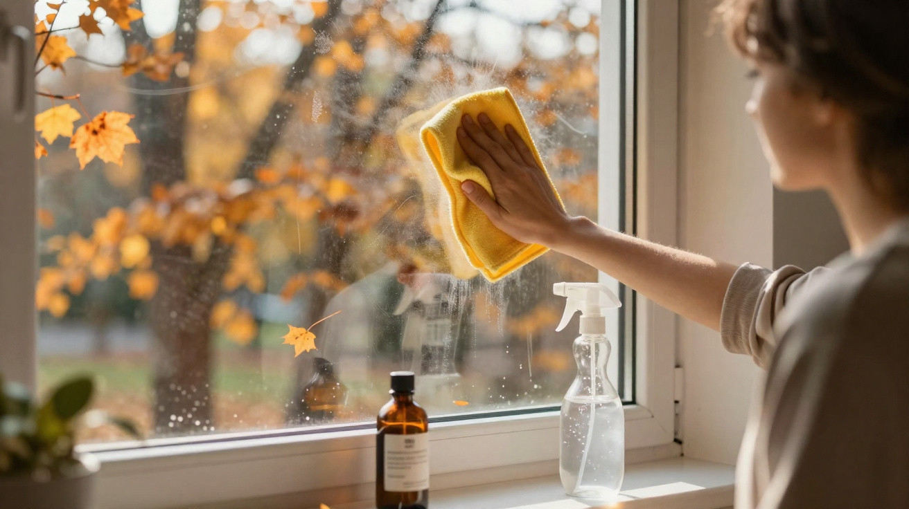 Pessoa limpa janela com pano amarelo em casa, com folhas de outono visíveis no exterior.