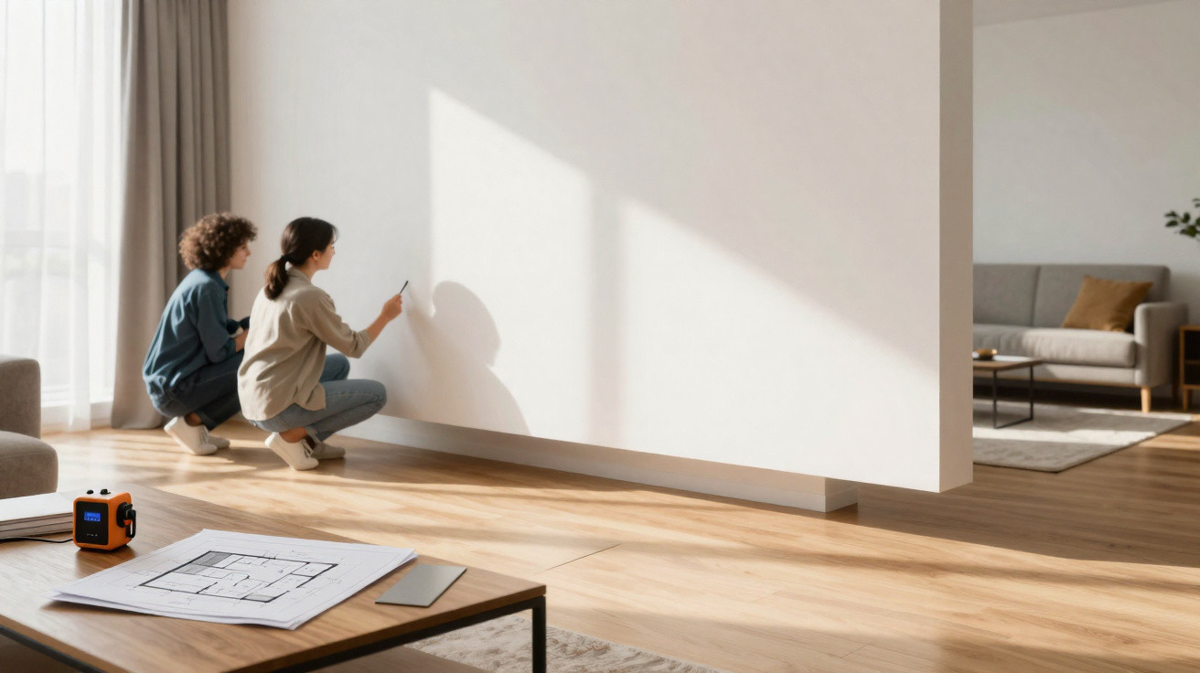 Duas mulheres a medir e marcar uma parede branca num ambiente moderno e iluminado por luz natural.