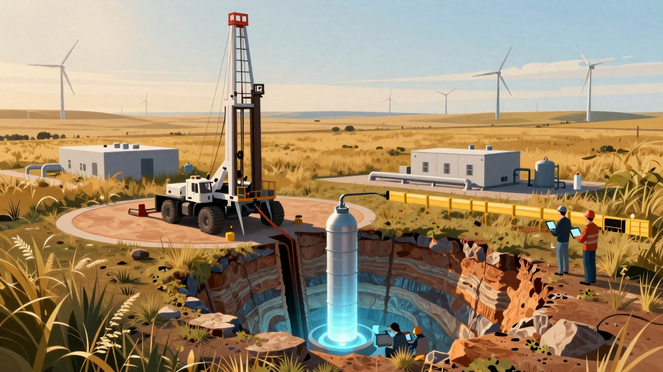 Instalação de energia geotérmica em campo aberto com técnicos, equipamentos de perfuração e aerogeradores ao fundo.