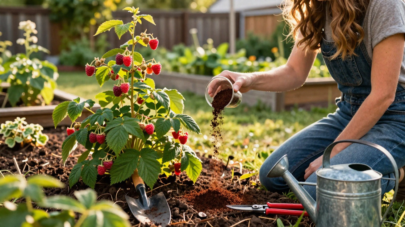 Mulher a cuidar de planta de framboesa no jardim com regador, tesoura e terra solta.