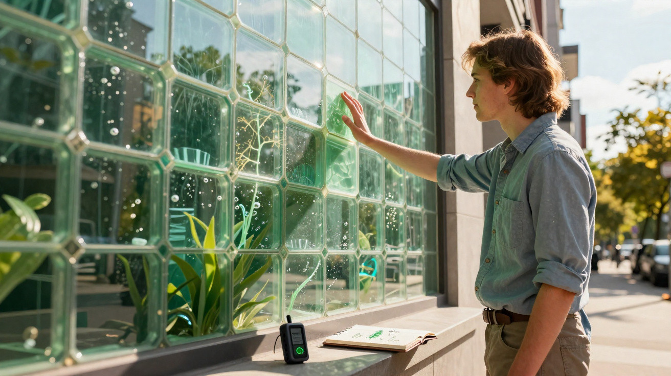 Jovem interage com janela de vidro translúcido com plantas atrás e livro aberto numa mesa exterior.