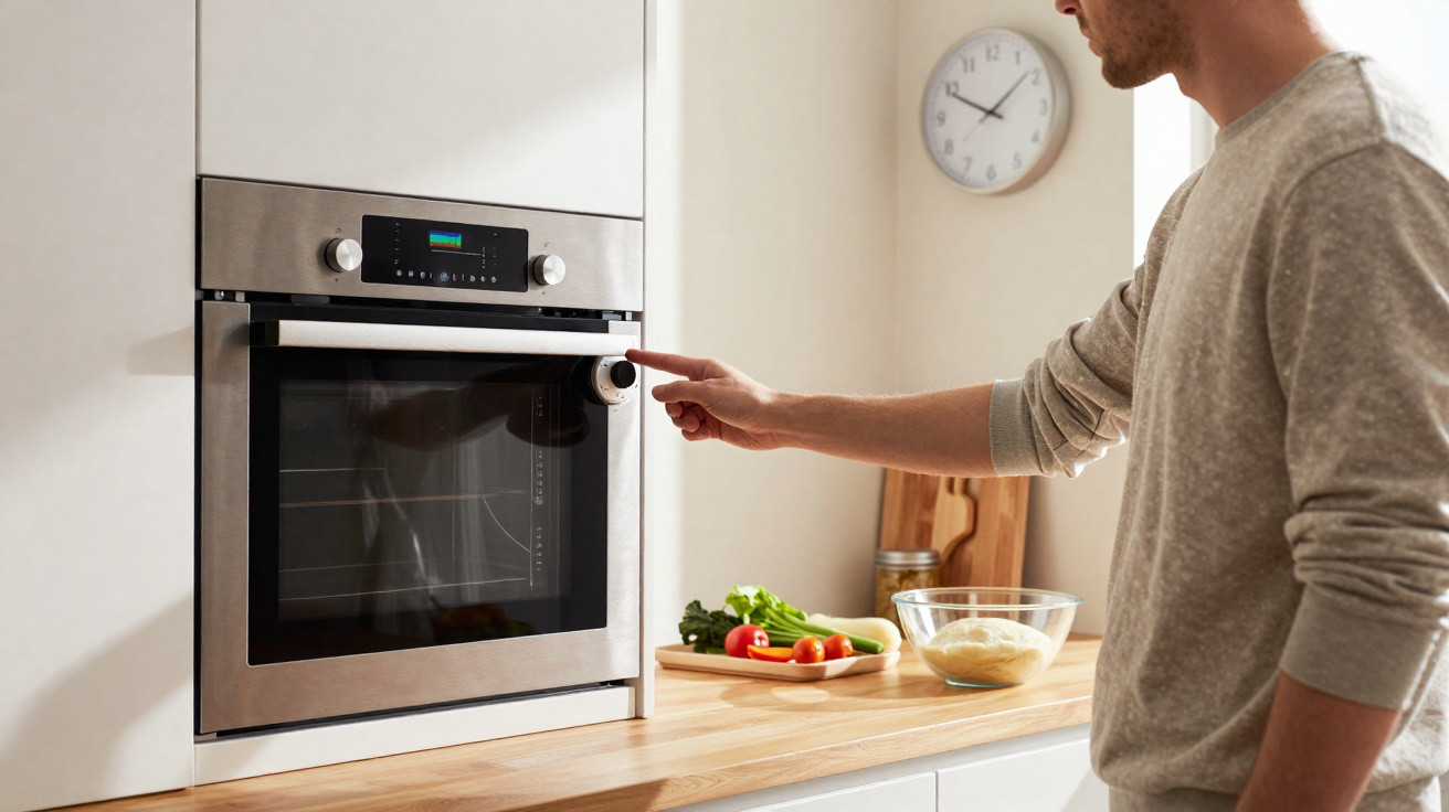 Homem a ligar forno embutido numa cozinha com legumes e um relógio na parede.
