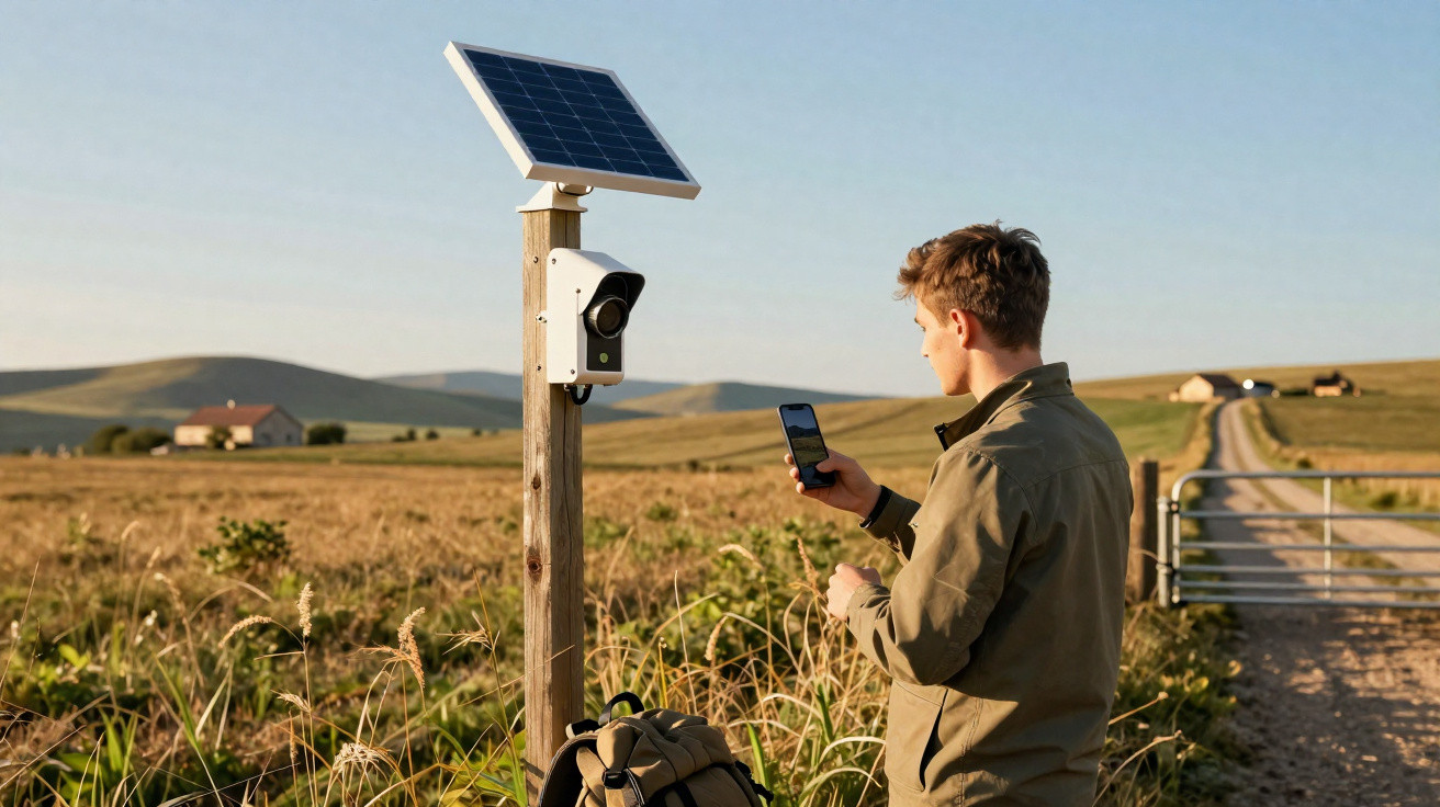 Homem utiliza smartphone junto a câmara de segurança com painel solar numa zona rural ao pôr do sol.