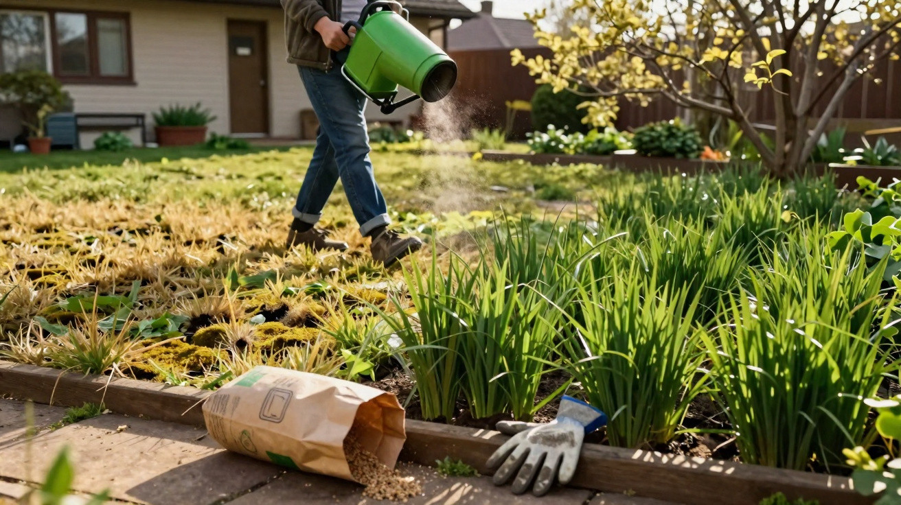 Pessoa a pulverizar plantas num jardim com regador verde, saco de sementes e luva no chão.