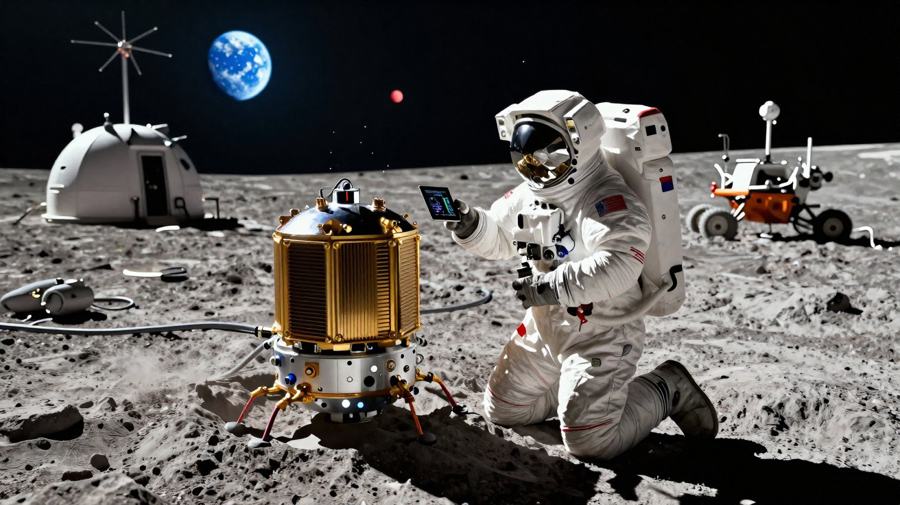 Astronauta em fato espacial ajoelhado na superfície lunar com equipamentos e a Terra ao fundo.