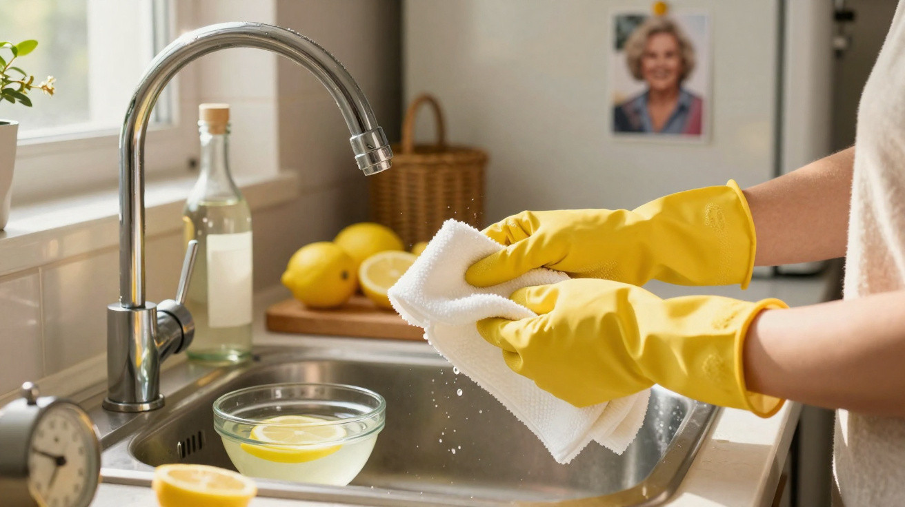 Mãos com luvas amarelas a limpar pano molhado na pia da cozinha com limões e jarra ao fundo.
