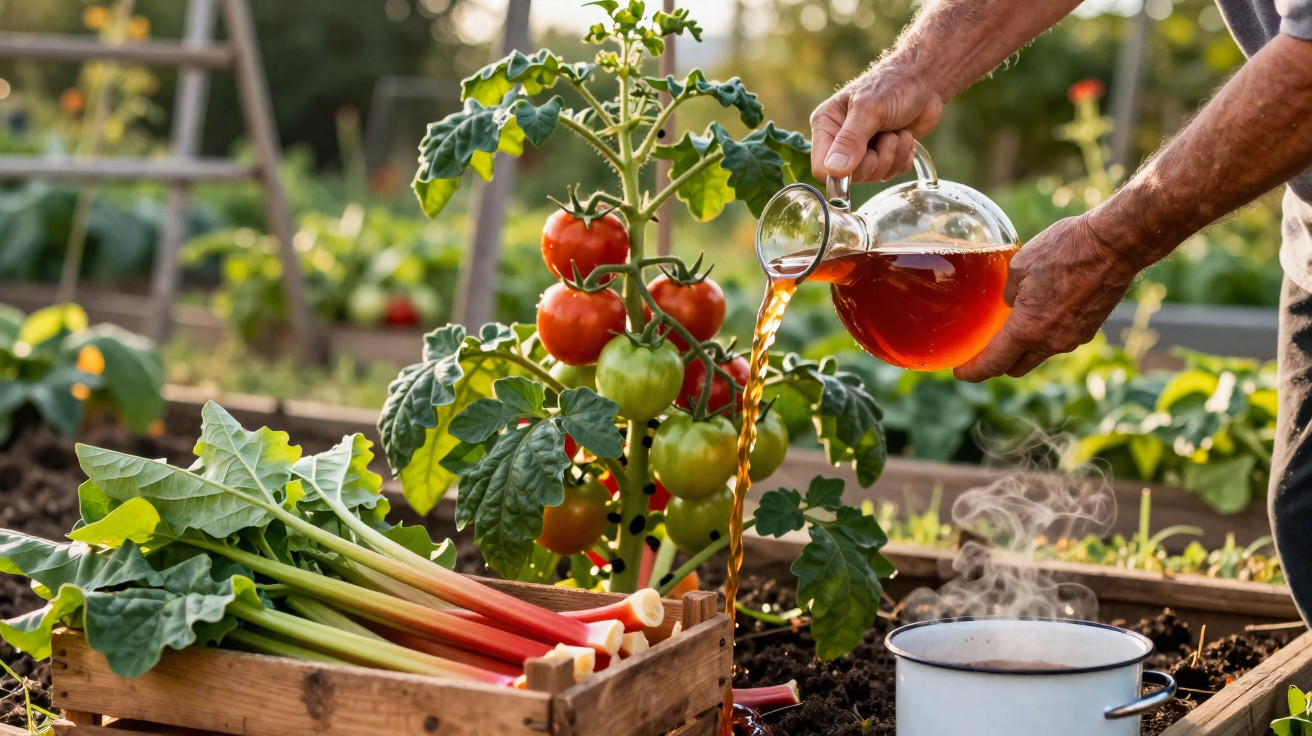 Pessoa a verter chá de um bule num tacho junto a plantas de tomate e ruibarbo num jardim.