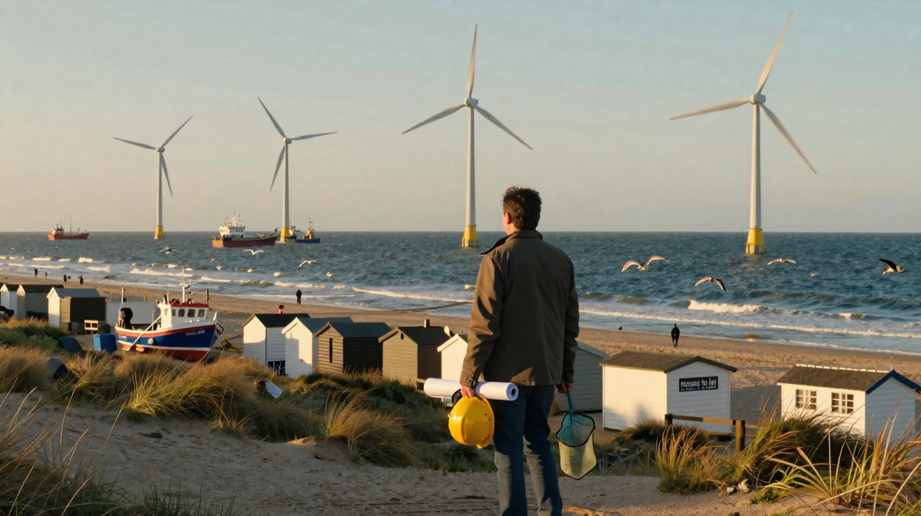 Homem com capacete e plantas na mão observa turbinas eólicas junto à praia com cabanas e barcos.