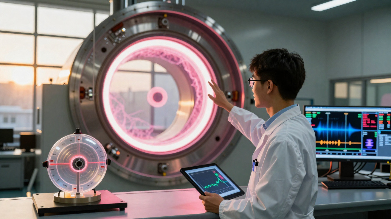 Cientista em laboratório interage com equipamento de análise circular e monitor com dados em gráficos coloridos.