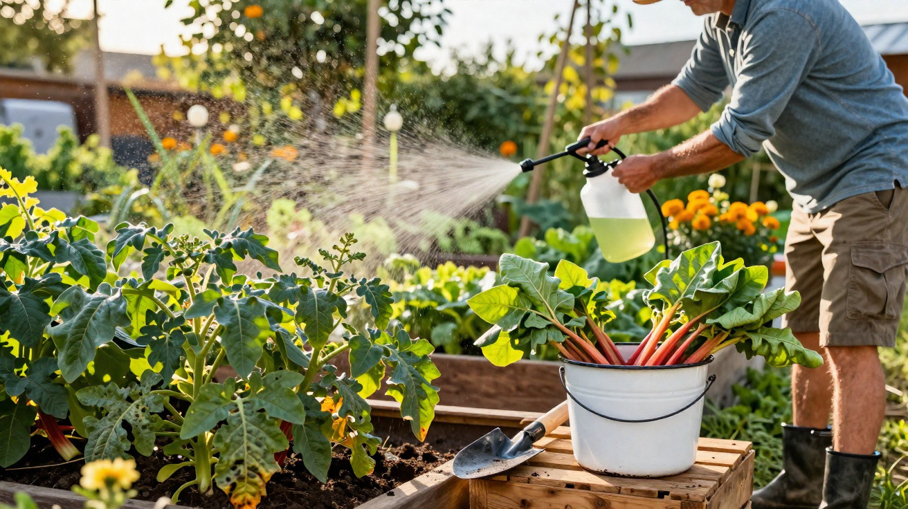 Pessoa a regar plantas num jardim com utensílio de pulverização e legumes colhidos numa cesta branca.
