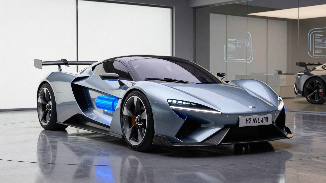 Carro desportivo futurista azul metálico com portas abertas em exposição numa sala moderna com piso refletor.