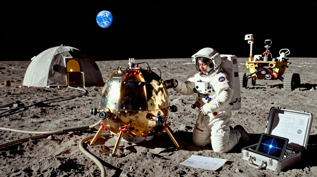 Astronauta em fato espacial junto a módulo lunar dourado, rover e tenda na superfície da Lua, com Terra ao fundo.