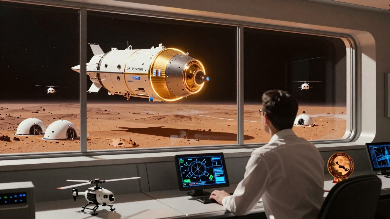 Homem observa cápsula espacial a chegar a base futurista em paisagem marciana através de janela ampla.
