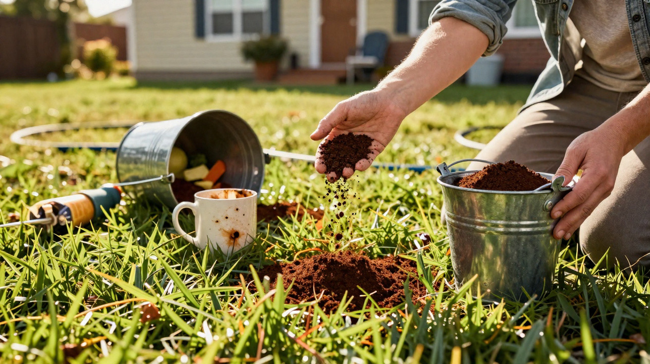Pessoa a fertilizar solo com humus de minhoca num jardim com baldes e ferramentas ao lado.