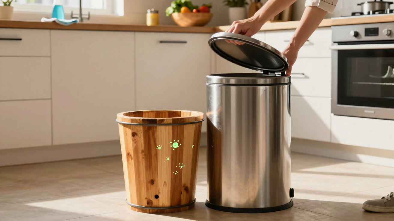Mãos a abrir uma tampa de lata de lixo metálica num chão de cozinha com caixote de madeira ao lado.