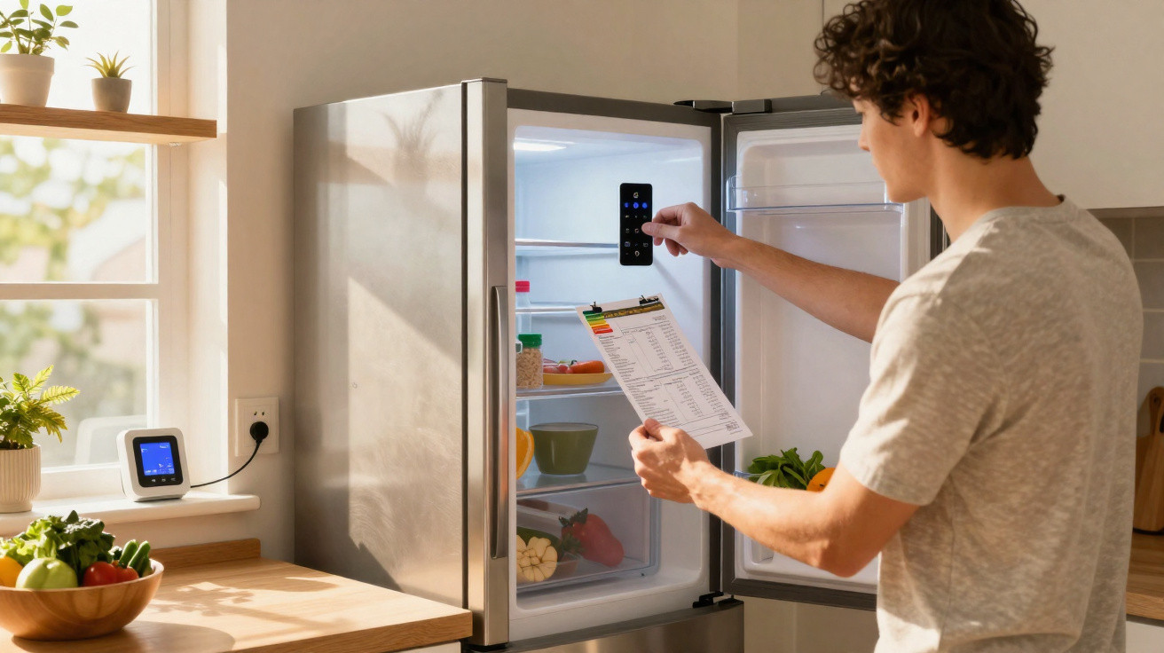 Homem a ajustar temperatura do frigorífico enquanto consulta lista na cozinha iluminada natural.