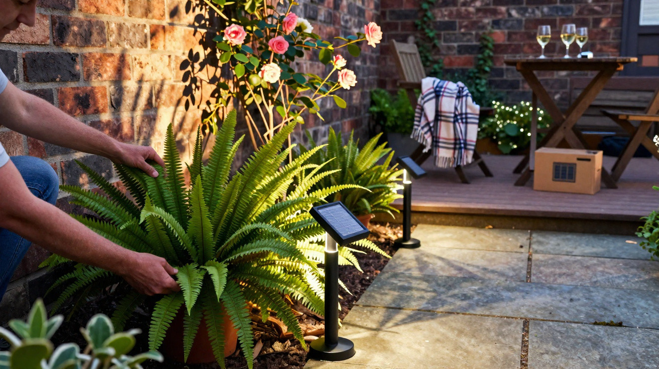Pessoa a cuidar de plantas num jardim com iluminação solar e mesa com copos de vinho ao fundo.