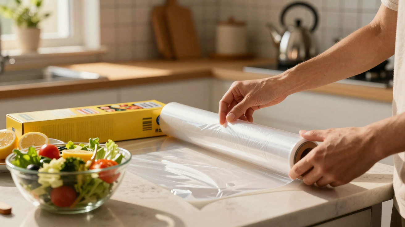 Mãos a desenrolar película aderente numa bancada de cozinha, com salada no primeiro plano.