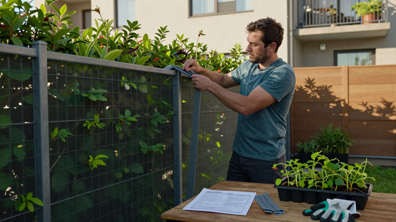 Homem a montar vedação metálica num jardim com plantas jovens e ferramentas numa mesa.