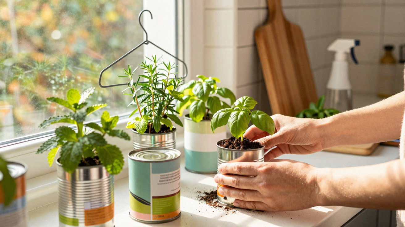 Mãos a plantar manjericão em latas reaproveitadas com ervas junto a uma janela iluminada numa cozinha.
