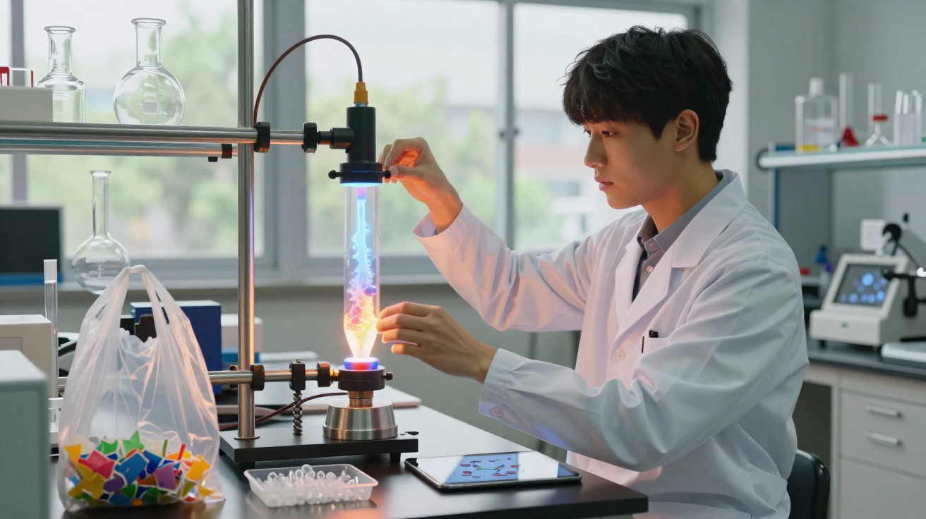 Cientista ajusta equipamento com tubo luminoso num laboratório moderno, rodeado de material científico.