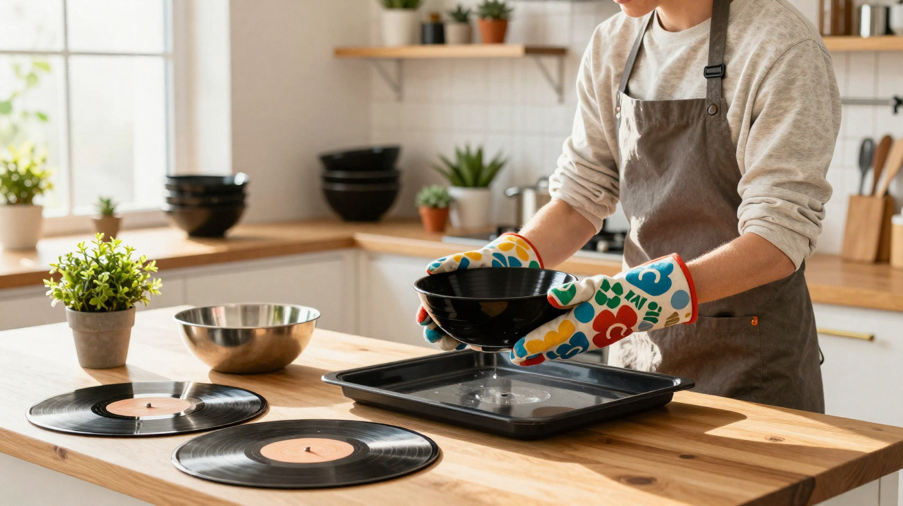 Pessoa na cozinha com luvas coloridas a manusear taça preta sobre tabuleiro, discos de vinil na mesa de madeira.