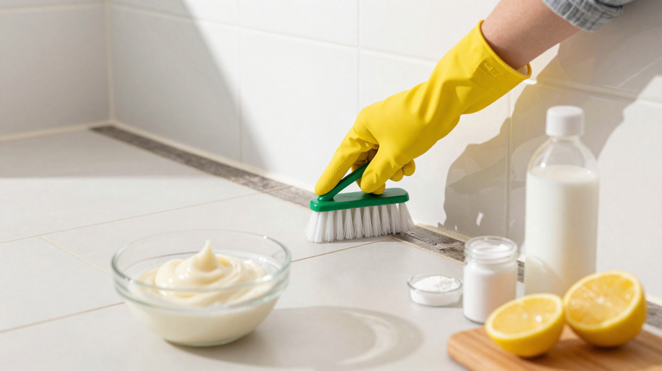 Mão com luva amarela a esfregar juntas de azulejos com escova e ingredientes naturais para limpeza.