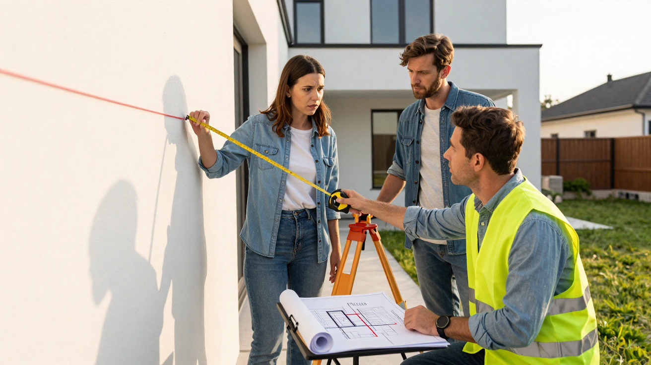 Engenheiro e casal a medir a parede exterior de uma casa nova com fita métrica e plantas.