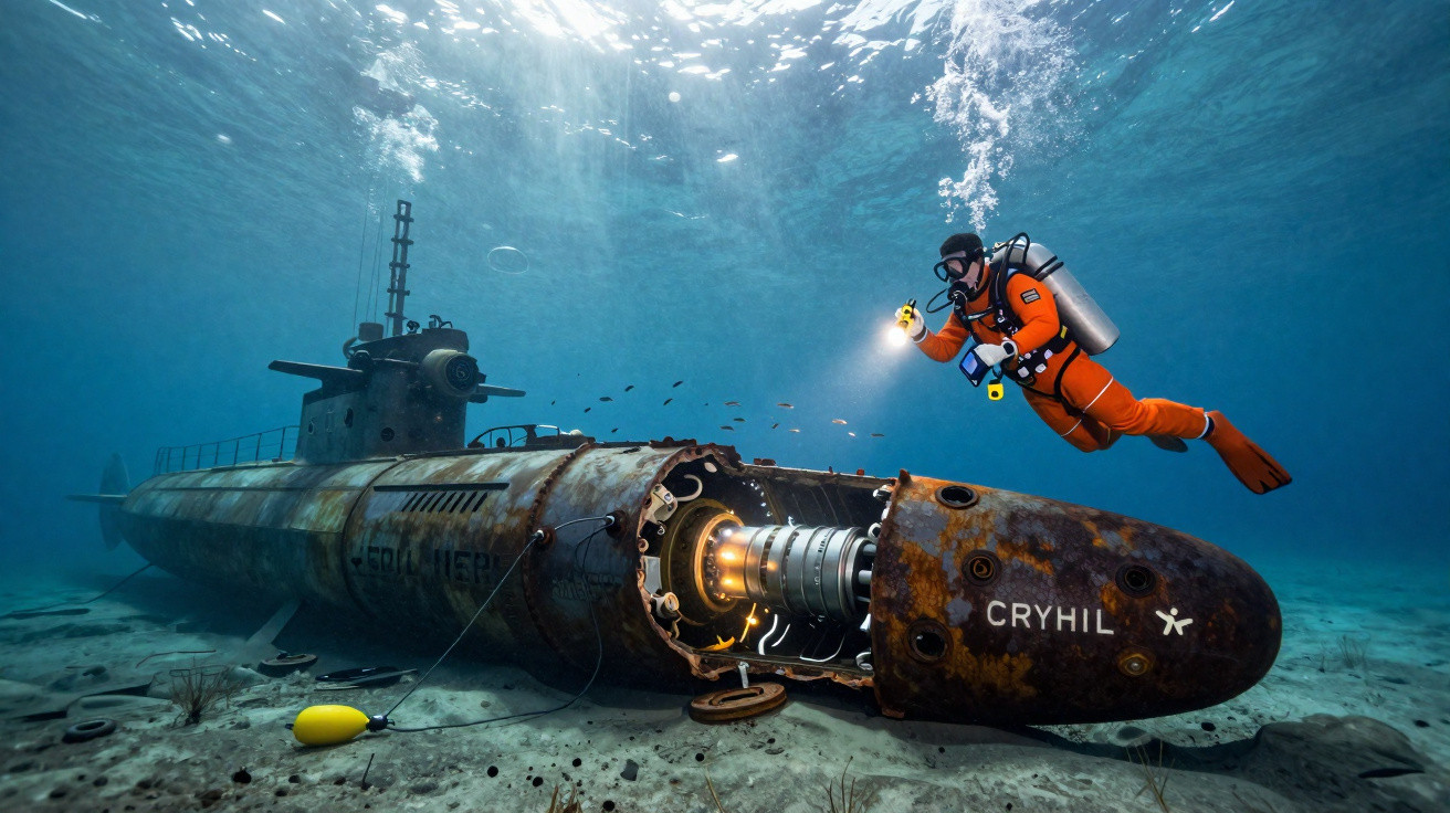 Mergulhador explora submarino oxidado no fundo do mar com lanterna em águas claras.