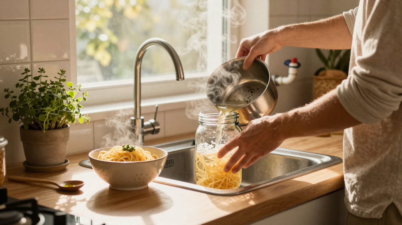 Pessoa a colocar esparguete quente num frasco de vidro numa cozinha com luz natural.