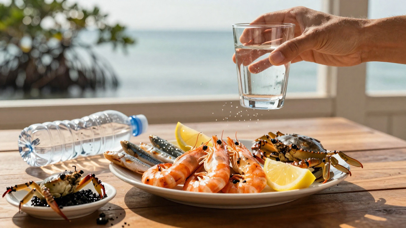 Mão a polvilhar sal num copo de água com prato de marisco e limão numa mesa de madeira junto ao mar.