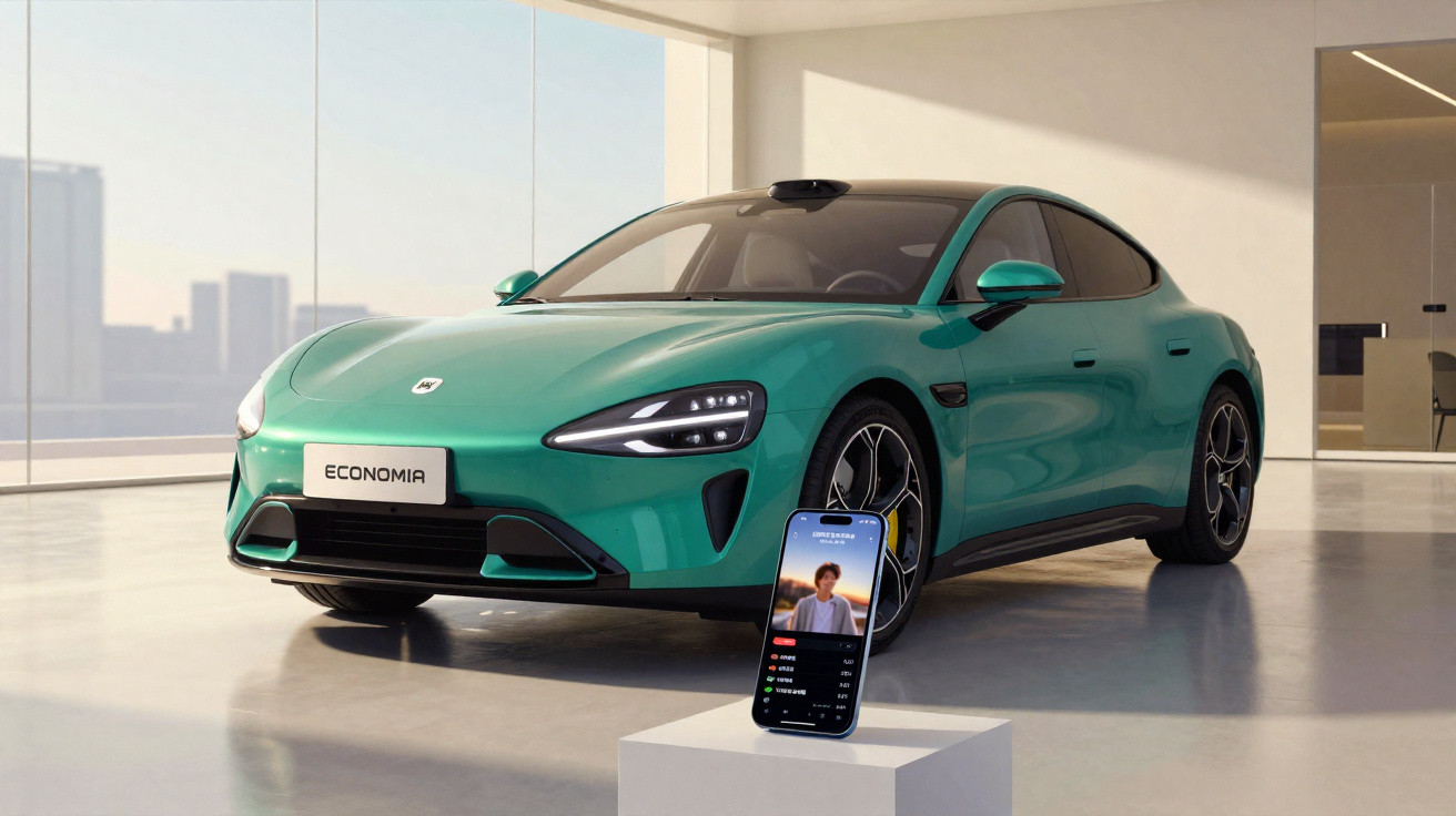Carro elétrico verde num espaço moderno com um smartphone à frente a mostrar uma aplicação aberta.