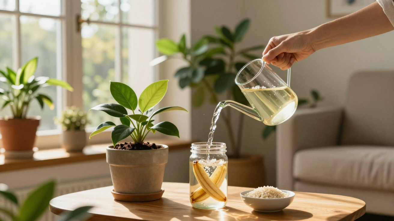 Pessoa a verter água num jarro com paus de canela numa sala iluminada e com plantas verdes.