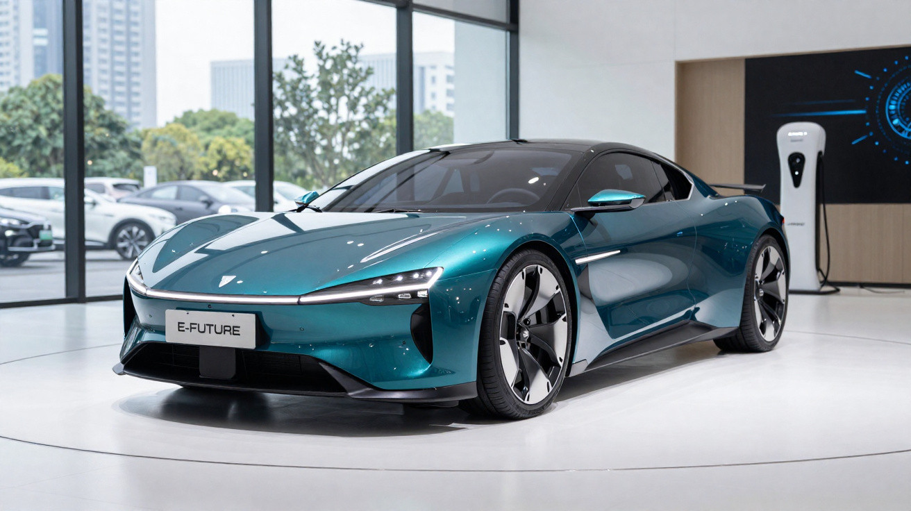 Carro desportivo elétrico azul metálico estacionado numa sala de exposições com estação de carregamento.