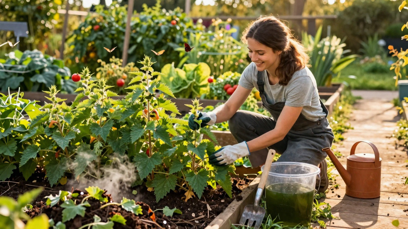 Mulher sorridente a cuidar de plantas num jardim com regador e ferramentas ao lado.