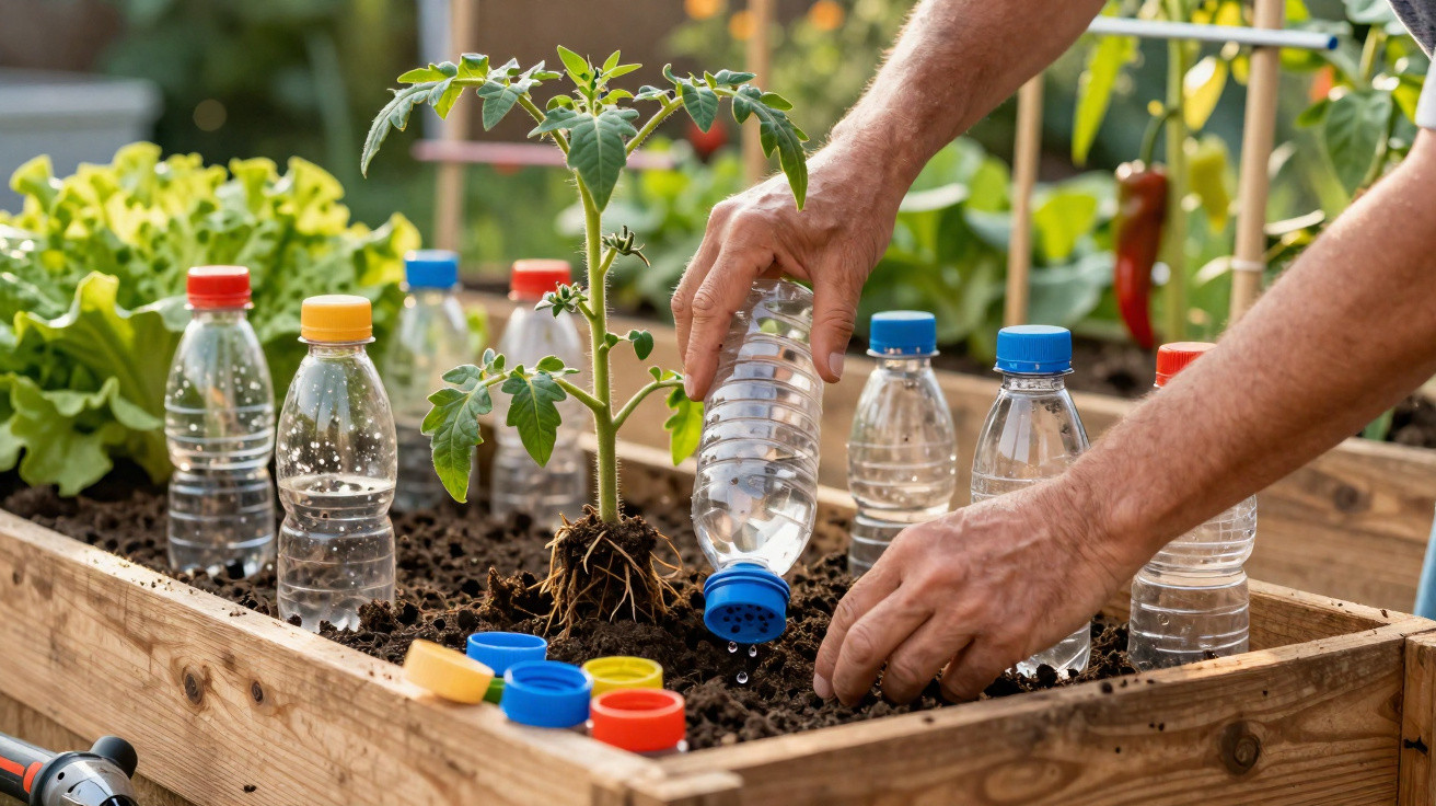 Mãos a regar uma planta numa caixa de cultivo, com garrafas plásticas reutilizadas ao redor.