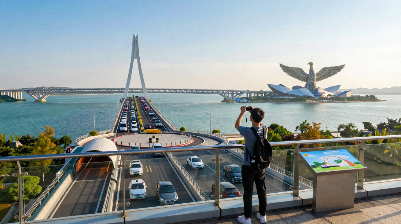 Pessoa tira foto de ponte suspensa e escultura enorme em forma de ave junto a enorme corpo de água.