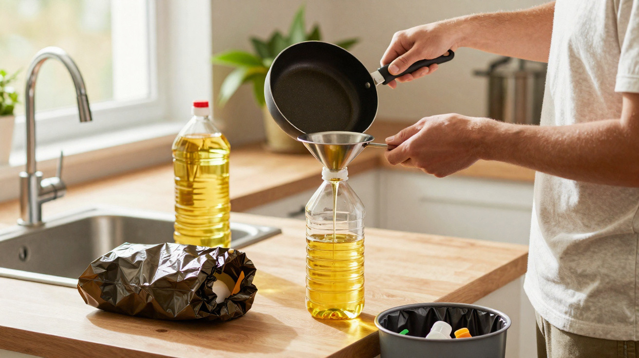 Pessoa a transferir óleo de cozinha de uma frigideira para uma garrafa plástica na cozinha.