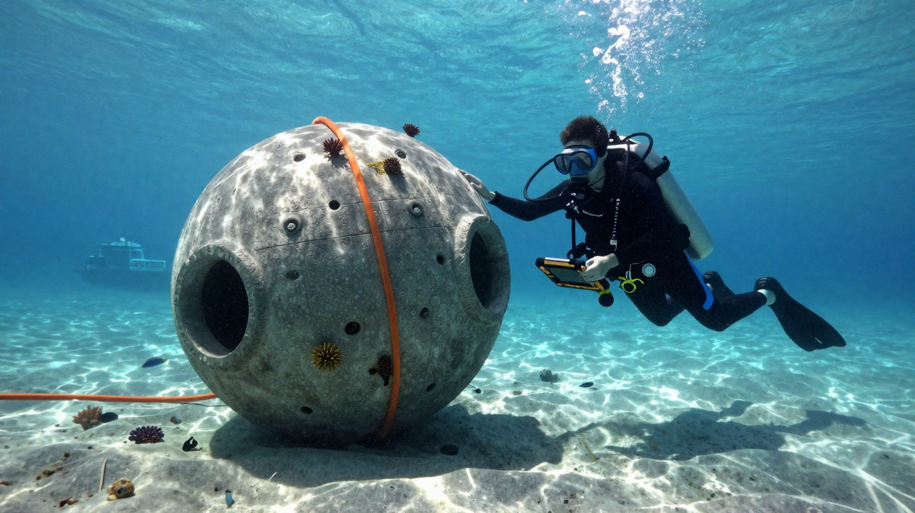 Mergulhador examina sonda subaquática em forma de esfera no fundo do mar com diversos ouriços-do-mar.