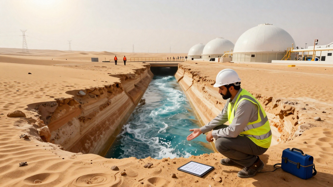 Engenheiro com colete e capacete analisa canal de água em ambiente desértico com estruturas industriais ao fundo.