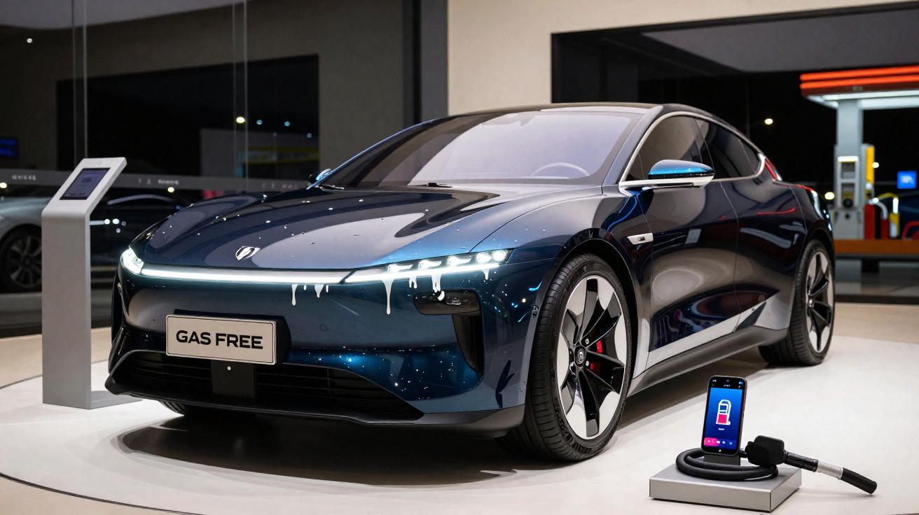 Carro elétrico azul metálico em exposição, com carregador ligado e placa "GAS FREE" em destaque.