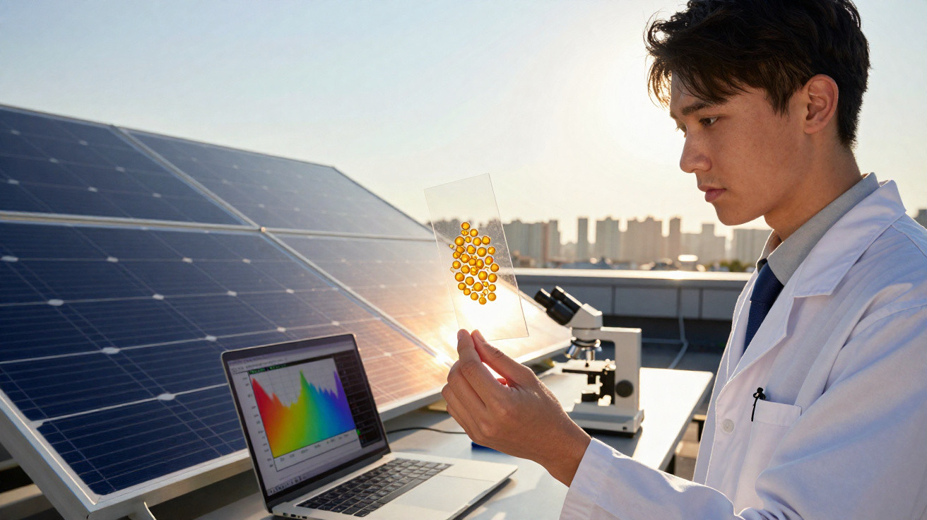 Homem com bata de laboratório analisa amostra com painéis solares, computador e microscópio ao fundo ao ar livre.