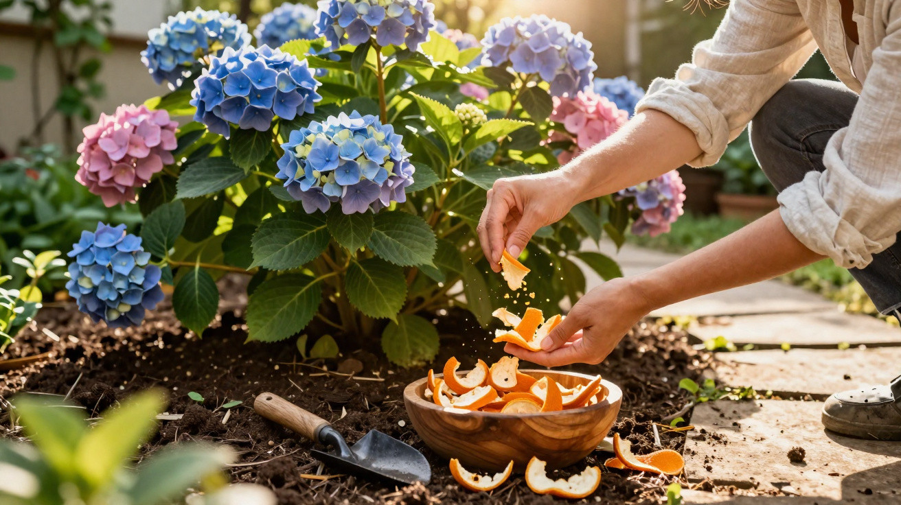 Pessoa a colocar cascas de laranja num recipiente junto a hortênsias cor-de-rosa e azuis num jardim.