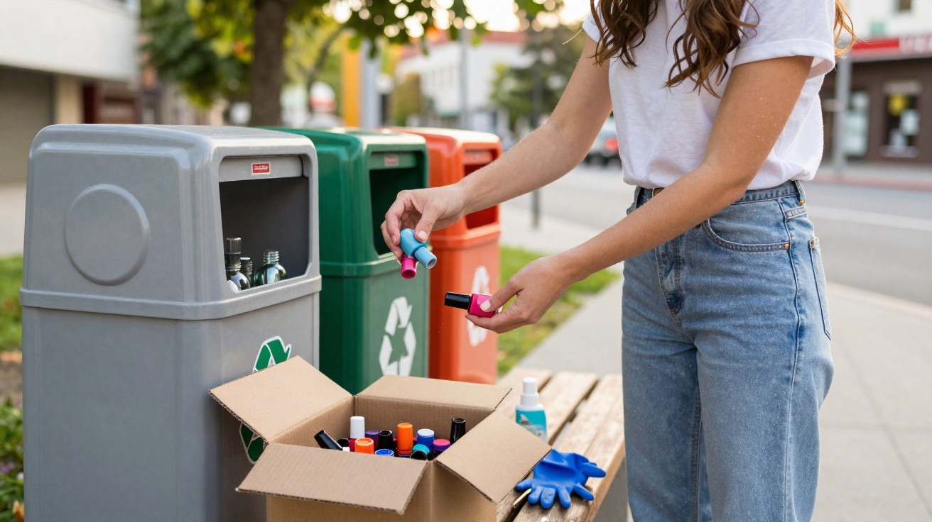 Pessoa a separar resíduos para reciclagem junto a ecopontos de diferentes cores numa zona urbana.