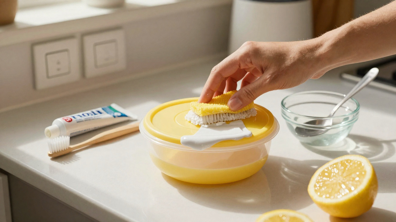 Pessoa a limpar frasco amarelo com detergente, limão e escova de dentes na bancada da cozinha.