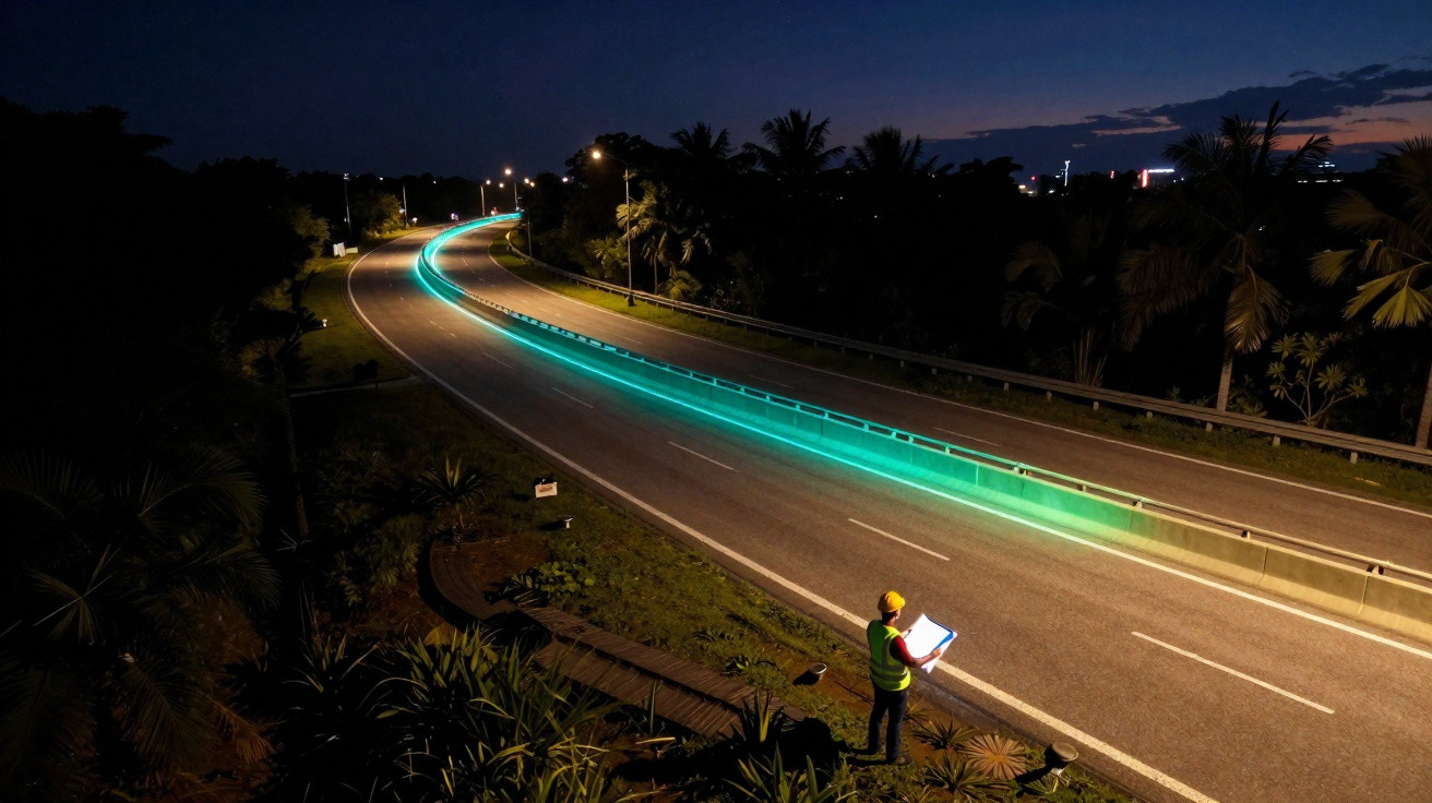 Estrada curva iluminada à noite com trabalhador de segurança a analisar plantas junto ao passeio.