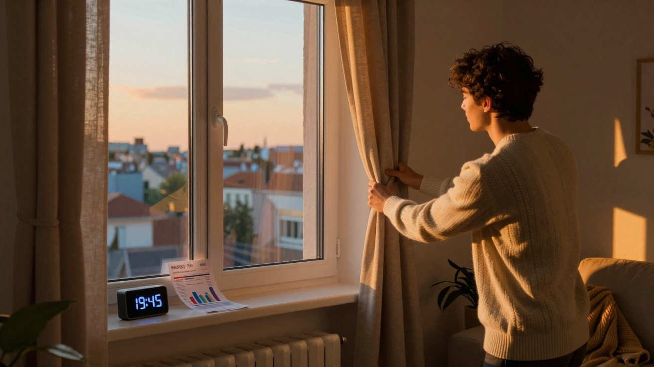 Pessoa a abrir cortinas numa janela ao entardecer, relógio digital e vista de prédios ao fundo.