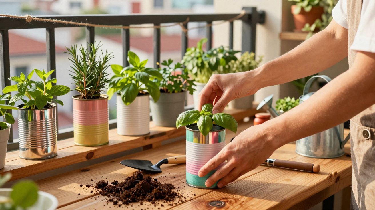 Mãos a cuidar de plantas em latas recicladas numa varanda com várias ervas aromáticas.