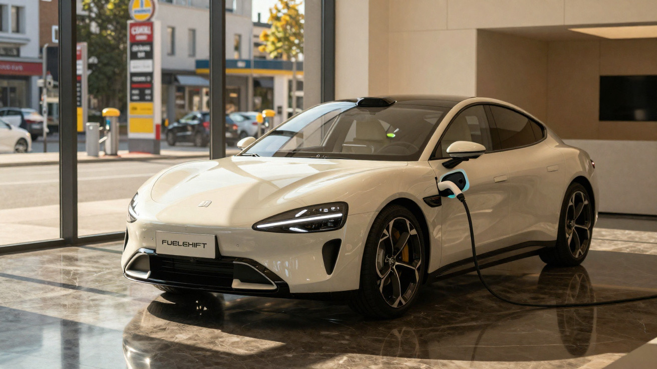 Carro elétrico branco, modelo FuelShift, em carregamento numa sala com grandes janelas e chão refletor.