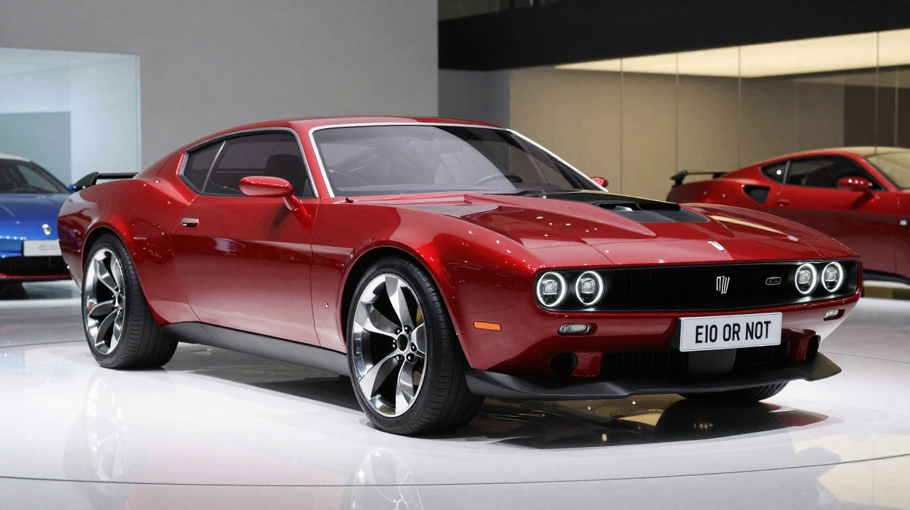 Carro desportivo clássico vermelho com jantes grandes exibido num salão automóvel moderno.